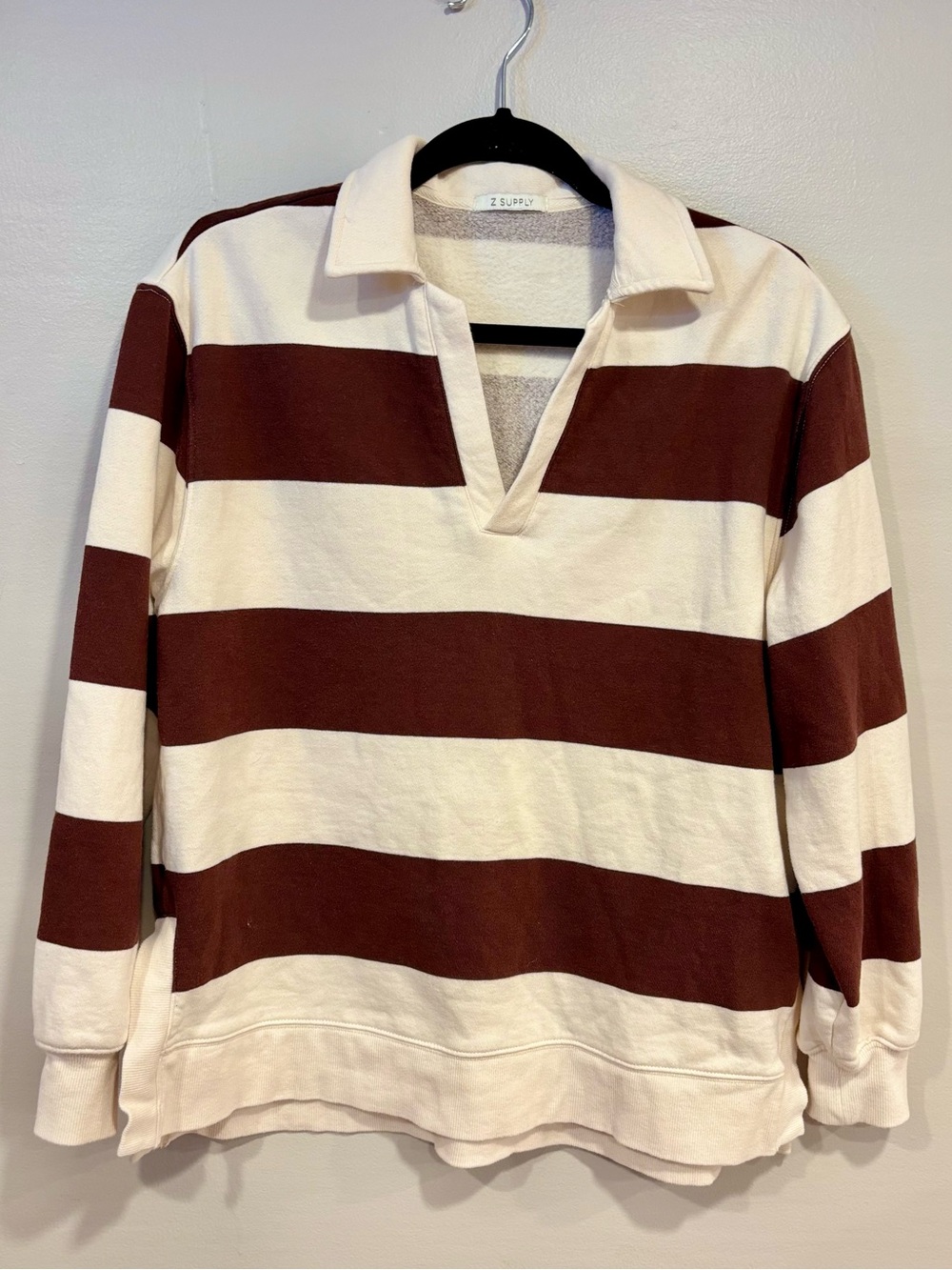 Z Supply Rugby Brown Stripe 100% Cotton Brushed Fleece Henley Women's Medium - Picture 2 of 9